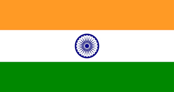 Horizontal tricolor of saffron, white, and green with a 24-spoke navy blue Ashoka Chakra wheel in the center.